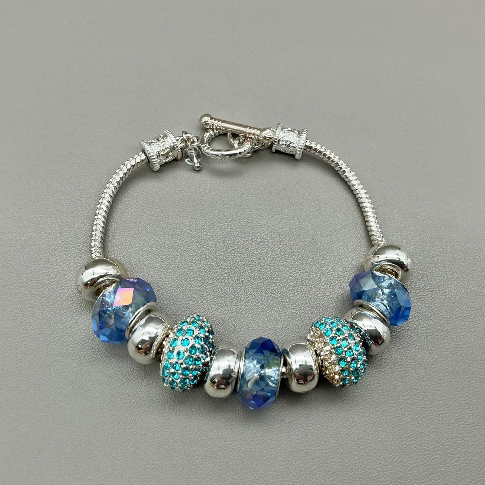 Charm Bracelet Womens Silver Tone Blue Rhinestone Crystal Snake Chain 7.5 Inch